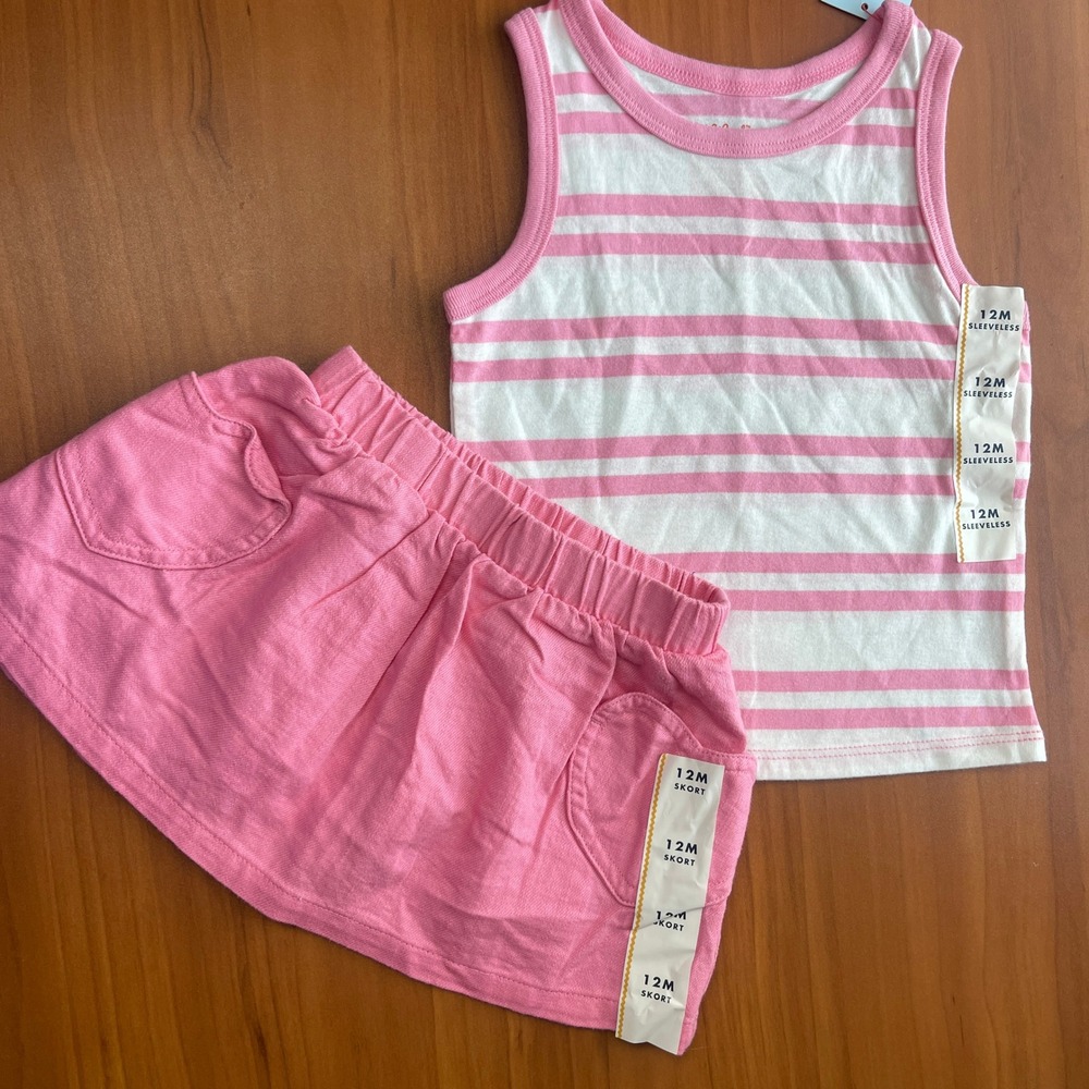 Cat & Jack Baby Girls Pink White Striped Tank Top and Skort Set 12M